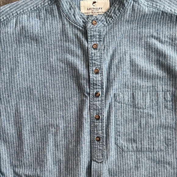 LEE VALLEY IRELAND Blue Striped Brushed Soft Cotton Band Collar Button-Up Shirt - Picture 5 of 11